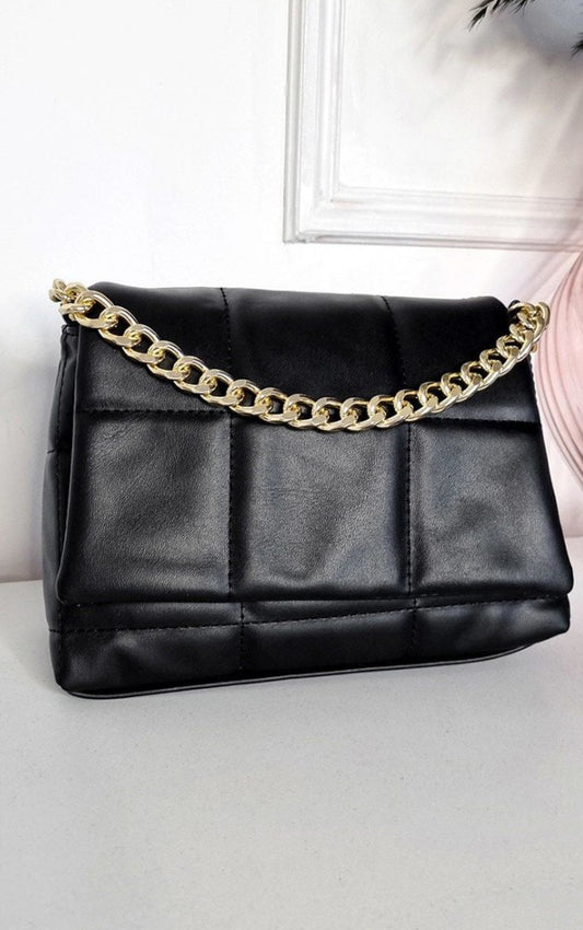 Faux Leather Padded Handbag with Chain