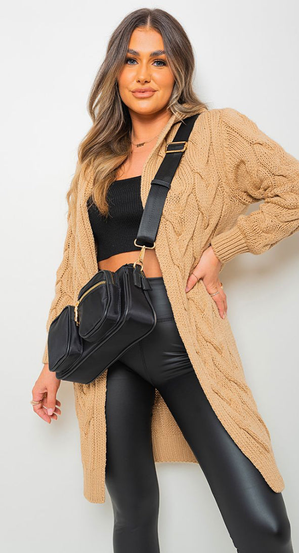 Chunky Cable Knitted Oversized Longline Hooded Cardigan