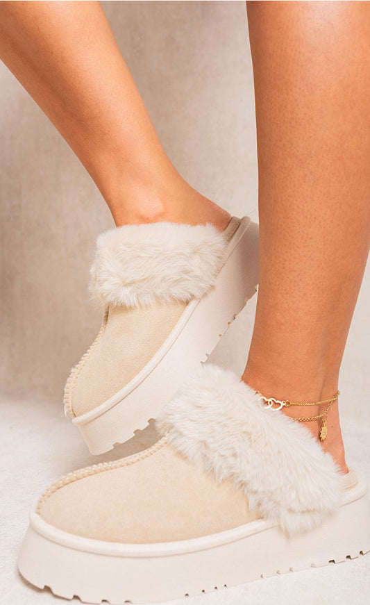 Faux Fur Chunky Platform Slippers