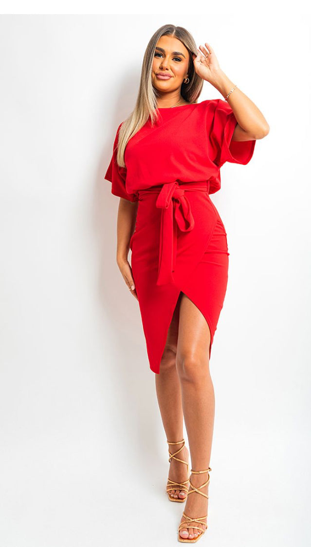 Belted Wrap Front Kimono Sleeve Midi Dress