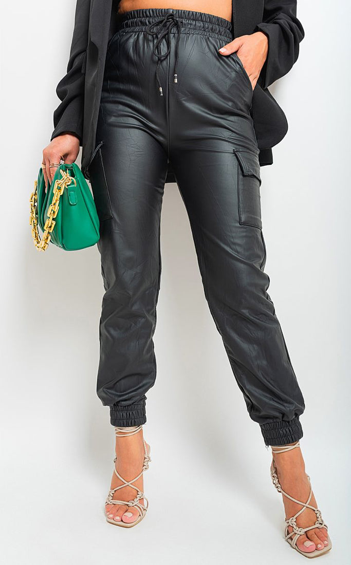 High Waisted Faux Leather Cargo Trousers