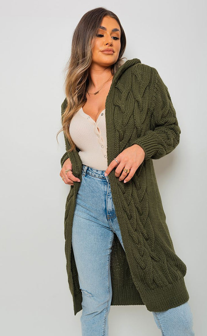 Chunky Cable Knitted Oversized Longline Hooded Cardigan