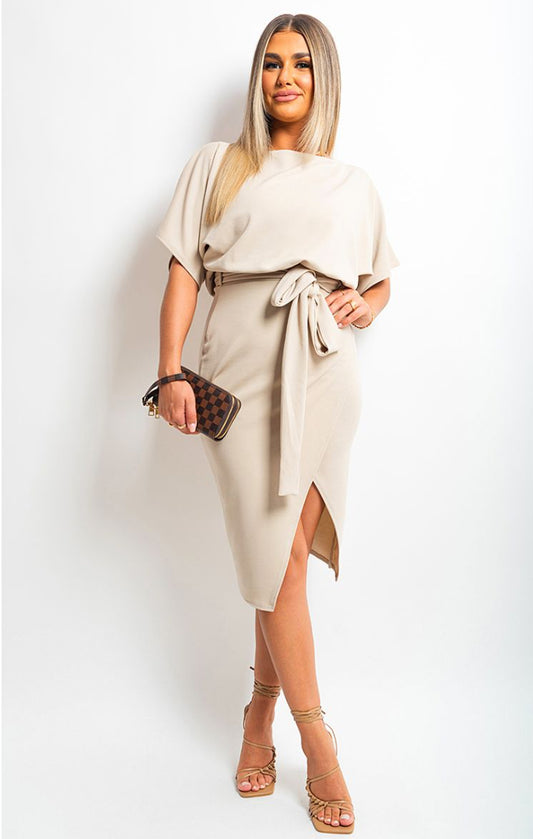 Belted Wrap Front Kimono Sleeve Midi Dress